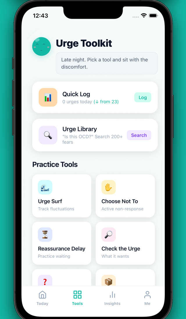 Practice tools including urge surfing and reassurance delay.