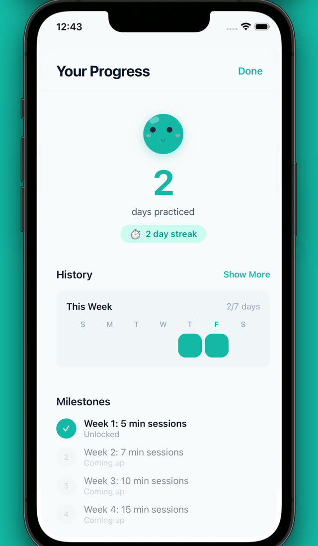 Progress screen with days practiced and weekly milestones.